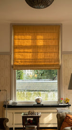 Load image into Gallery viewer, Linen Roman Blinds in Yellow straw colour
