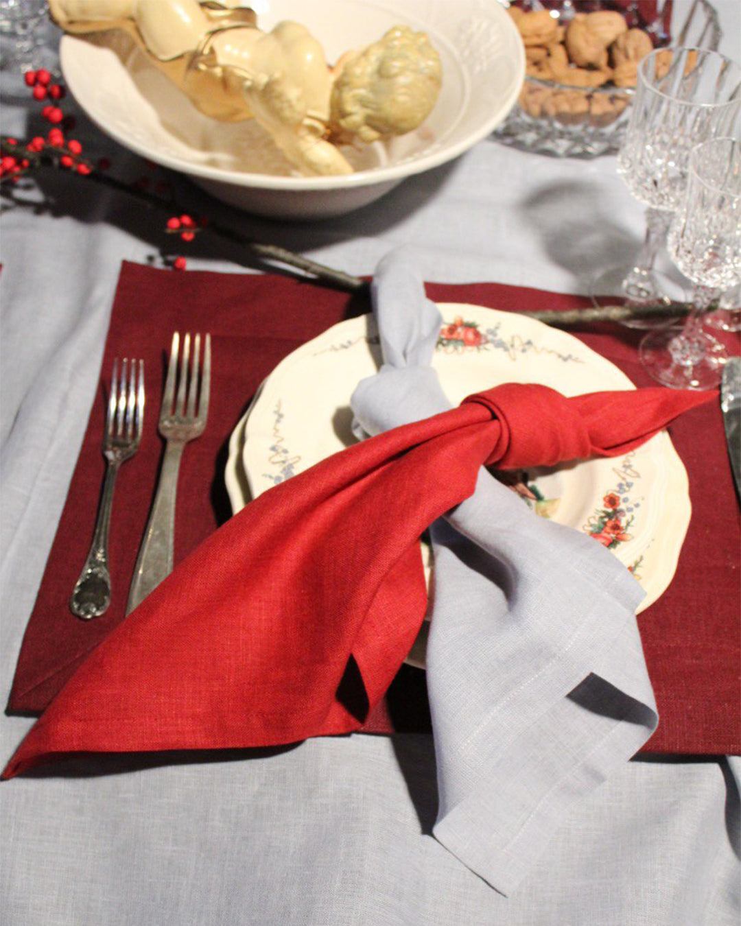 Linen table placemat in burgundy